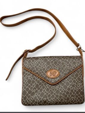 Nina Ricci Vintage Neutral Brown Patterned Crossbody Bag with Leather Trim